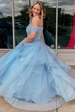 Light Blue Tulle Off-The-Shoulder Tiered A Line Prom Evening Dress APP0752