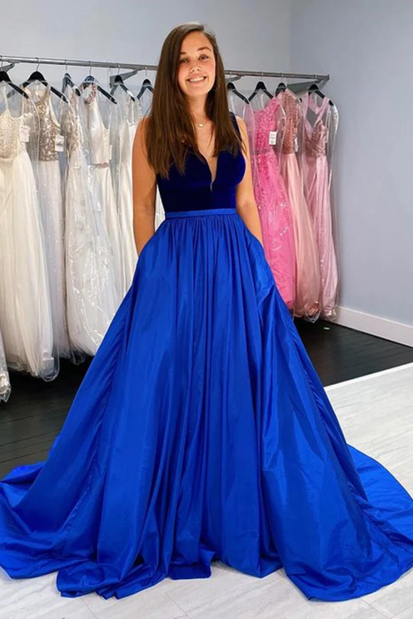 A Line V Neck Blue Velvet Top Long Prom Dress with Pocket, V Neck Blue Formal Graduation Evening Dress APP0753