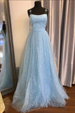 Beautiful Sky Blue Tulle Star A Line Long Prom Dresses, Formal Dresses APP0754
