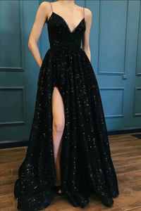 Luxury Black Sequins A Line Spaghetti Straps Long Prom Dresses With Split APP0756
