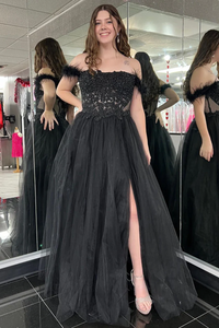 Off Shoulder Black Lace Beaded Long Prom Dress with High Slit, Black Lace Formal Dress, Black Evening Dress APP0757