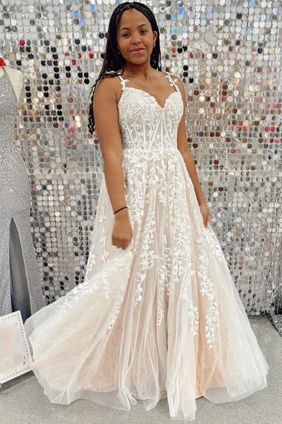 Champagne lace prom sales dress