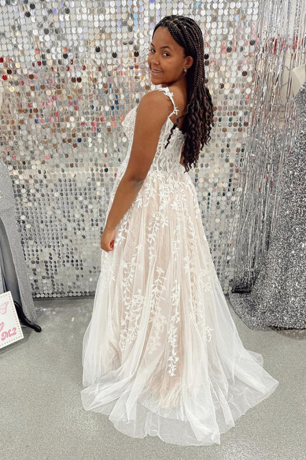 A Line V Neck Champagne Lace Long Prom Dress, Champagne Lace Formal Dr – Anneprom