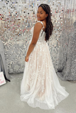 A Line V Neck Champagne Lace Long Prom Dress, Champagne Lace Formal Dress APP0758