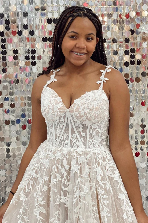 A Line V Neck Champagne Lace Long Prom Dress, Champagne Lace Formal Dr – Anneprom