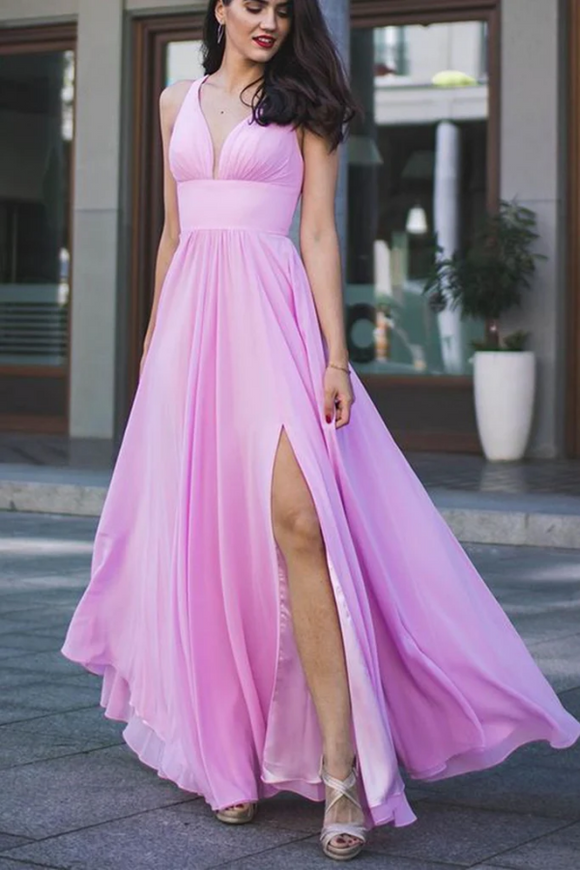 Open Back V Neck Pink Long Prom Dress with High Slit, Long Pink Pink Bridesmaid Dress APP0759