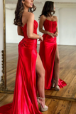 Strapless Mermaid Red Lace Long Prom Dress, Mermaid Red Formal Dress, Red Lace Evening Dress APP0760