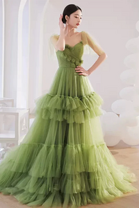 Princess V Neck Green Tulle Long Prom Dress with 3D Flowers, Long Green Formal Evening Dress APP0761