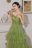 Princess V Neck Green Tulle Long Prom Dress with 3D Flowers, Long Green Formal Evening Dress APP0761