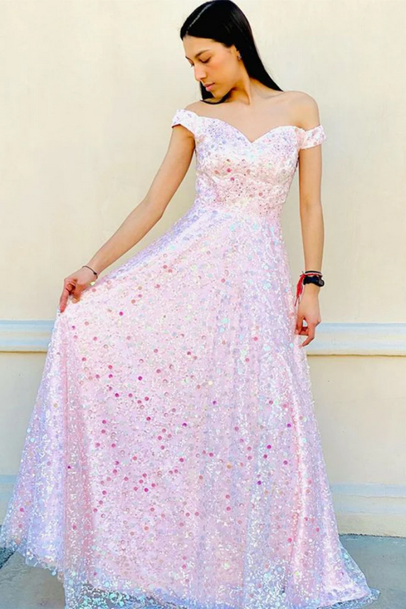 Gorgeous Off Shoulder Pink Lace Floral Long Prom Dress, Off the Shoulder Pink Formal Dress APP0762