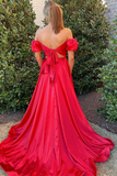 Off Shoulder Red Satin Long Prom Dress with High Slit, Red Formal Graduation Dress APP0763