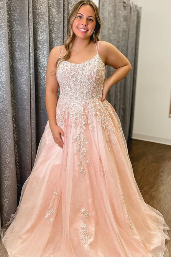A Line Pink Tulle Lace Long Prom Dress, Pink Lace Formal Dress APP0764