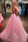 Light Pink A Line Floor Length Strapless Sparkly Tulle Long Prom Dress APP0765