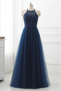 Navy Blue Tulle A Line Lace Appliques Halter Long Prom Dress, Party Dress APP0766