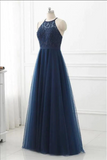 Navy Blue Tulle A Line Lace Appliques Halter Long Prom Dress, Party Dress APP0766