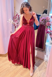 Burgundy Plunging V Neck Beaded Appliques Long Prom Dress With Slit APP0767