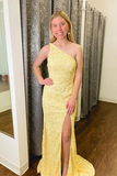 One Shoulder Mermaid Yellow Long Prom Dresses, Mermaid Yellow Formal Dresses APP0768