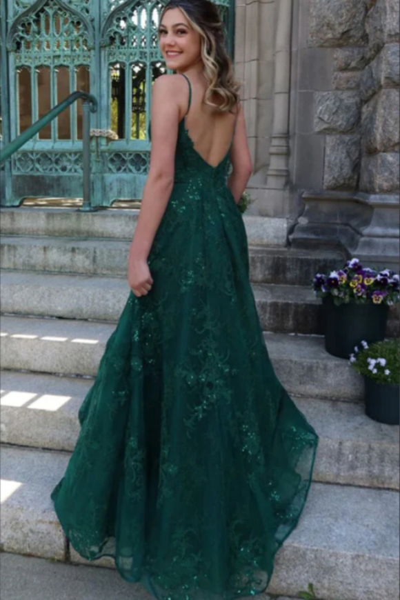 Green Tulle Lace A Line V Neck Floor Length Prom Dresses, Evening Dresses APP0771