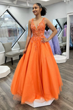 A Line V Neck Orange Lace Long Prom Dress, Long Orange Formal Dress APP0772