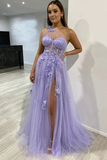 One Shoulder Purple Blue Lace Split Prom Dresses Evening Dresses APP0774