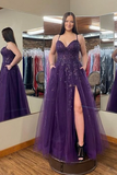 Open Back Beaded Purple Lace Floral Long Prom Dresses with High Slit APP0775