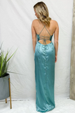 Light Blue Cowl Neck Twist Knot Pleated Long Prom Dress With Slit APP0778