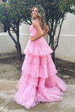 A Line V Neck Layered Pink Prom Dresses Long, V Neck Pink Formal Evening Dresses, Pink Ball Gown APP0779