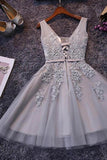 Anneprom Sleeveless Lace-Up Tulle Short Homecoming Dress Lace Appliques APH0018