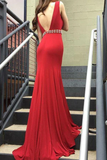 Anneprom Mermaid Deep V-Neck Sweep Train Red Prom Dresses Evening Dresses APP0306