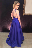 Anneprom A-Line Deep V-Neck Royal Blue Satin Pleats Prom Dress Evening Dress APP0225