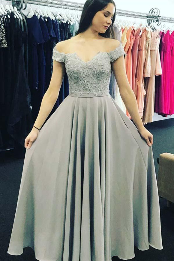 Anneprom Off-The-Shoulder Sweep Train Grey Chiffon Prom Dress With Appliques APP0226