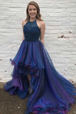 Anneprom Court Train High Low Royal Blue Tulle Beaded Ruffles Prom Dress APP0228