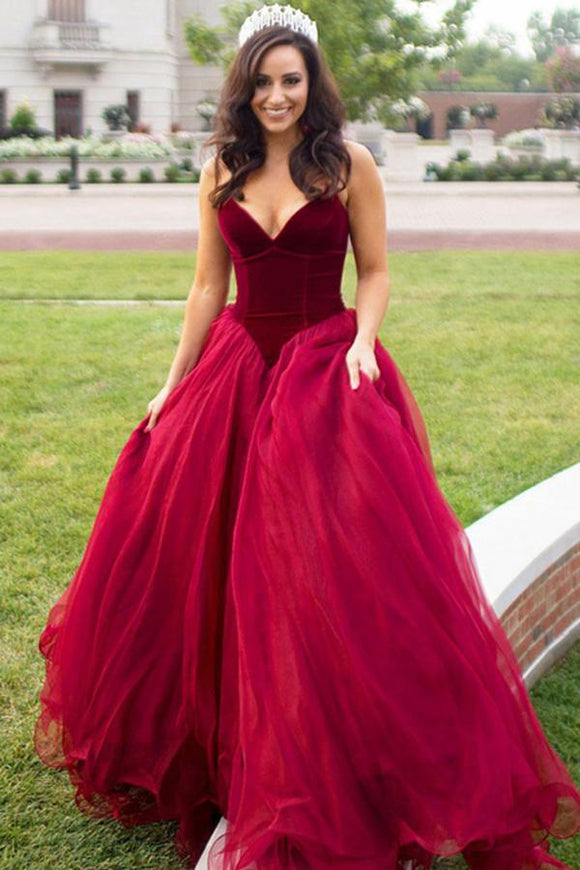 Anneprom Ball Gown Sweetheart Sweep Train Dark Red Tulle Prom Dress APP0229