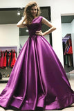 Anneprom Ball Gown V-Neck Sweep Train Satin Sleeveless Backless Prom Dress APP0232