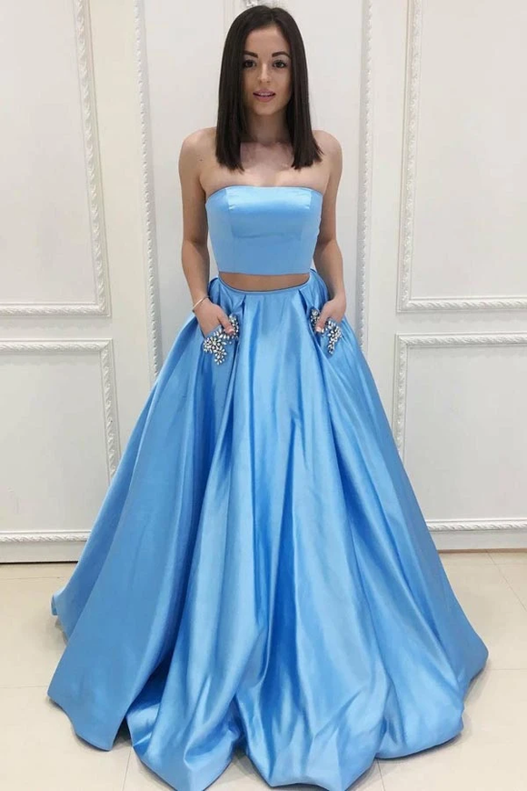 Anneprom Two Piece Strapless Sweep Train Blue Satin Prom Dresses With Pockets APP0233