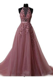 Anneprom Halter Blush Train Simple Prom/Evening Dress With Lace Applique APP0284