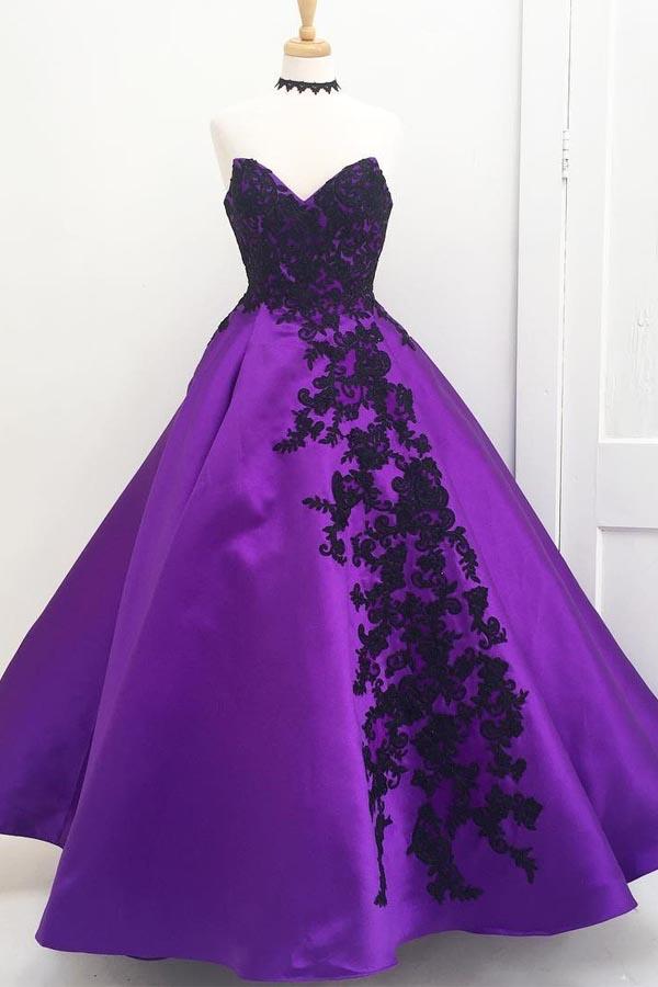 Anneprom Sweetheart Ball Gown Purple Long Prom Dress With Black Appliq Anneprom Sweetheart Ball Gown Purple Long Prom Dress With Black Appliq
