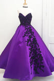 Anneprom Sweetheart Ball Gown Purple Long Prom Dress With Black Appliques APP0285
