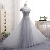 Anneprom A-Line Gray Off The Shoulder Tulle Lace-Up Sweetheart Prom Dress APP0244