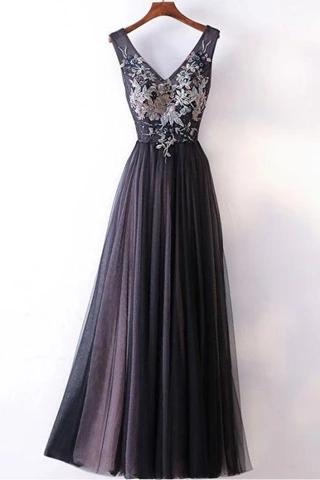 Anneprom Long Prom Dresses Straps V-Neck A-Line Embroidery Sexy Black Prom Dress APP0288