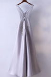 Anneprom Silver Prom Dress Simple Lace A-Line V-Neck Cheap Long Prom Dress APP0289