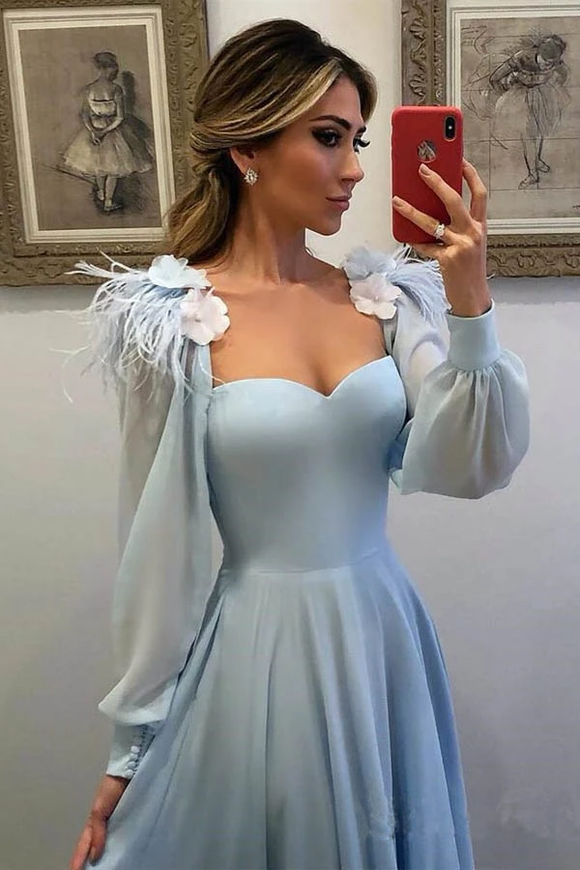 Anneprom Sky Blue Long Chiffon Prom Dresses With Sleeves Formal Dresses APP0303