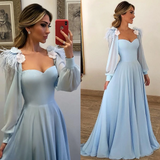 Anneprom Sky Blue Long Chiffon Prom Dresses With Sleeves Formal Dresses APP0303