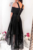 Anneprom A-Line Cold Shoulder High Low Black Homecoming Dress With Lace APP0307