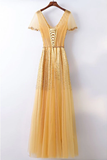 Anneprom A-Line Bling Bling Sparkly Gold Formal Prom Dress With Sleeves APP0316