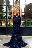Anneprom Mermaid Spaghetti Straps Navy Blue Backless Tulle Appliques Prom Dress APP0318