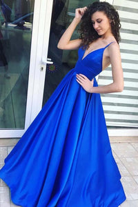 Anneprom A-Line Spaghetti Straps Floor-Length Royal Blue Satin Prom Dress APP0319