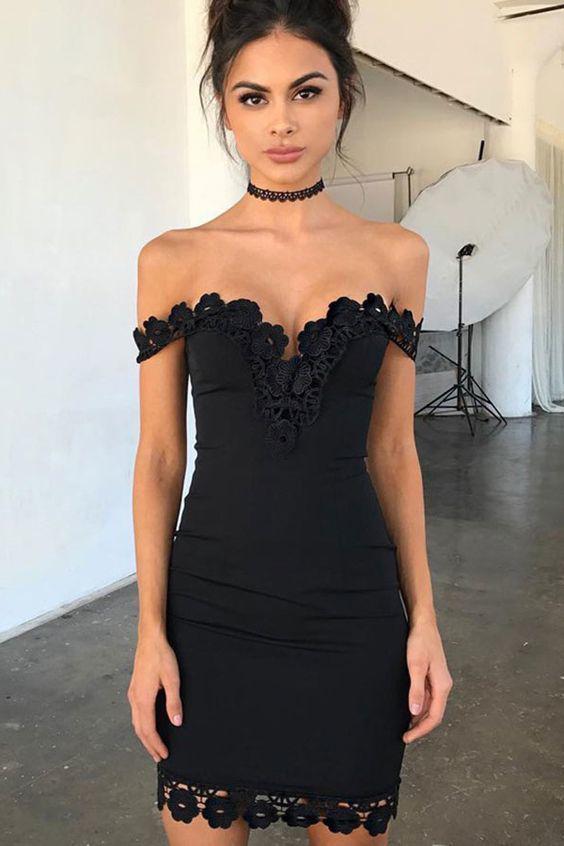 Anneprom Sexy Sheath Off-the-Shoulder Short Black Homecoming Dress with Lace APP0327