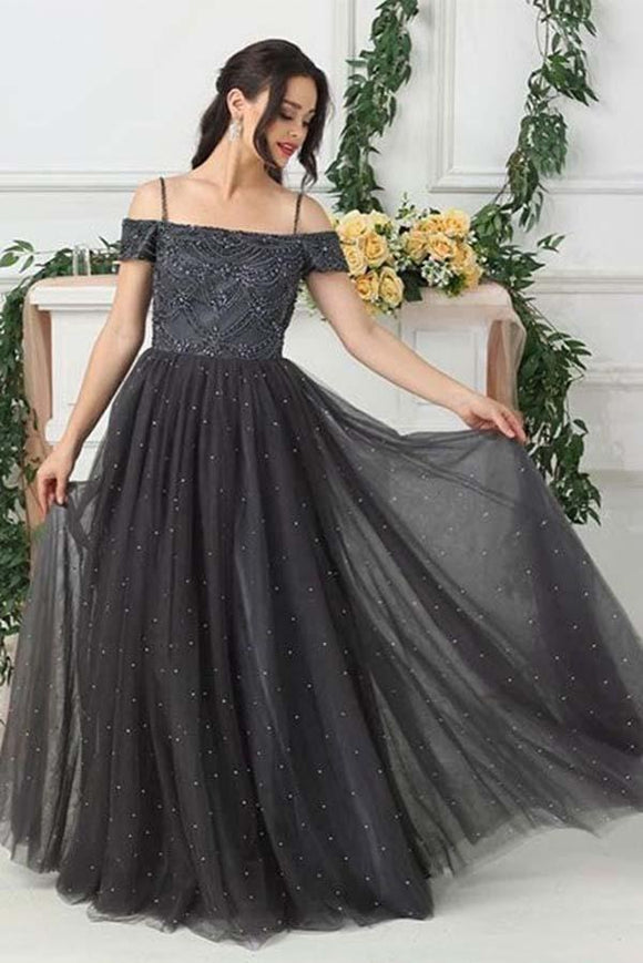 Anneprom Grey Tulle A Line Beads Long Prom Dress,Evening Dresses APP0340