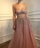 Anneprom Spaghetti Straps Prom Dress A-line Rhinestone Pink Modest Long Prom Dresses/Evening Dress APP0362